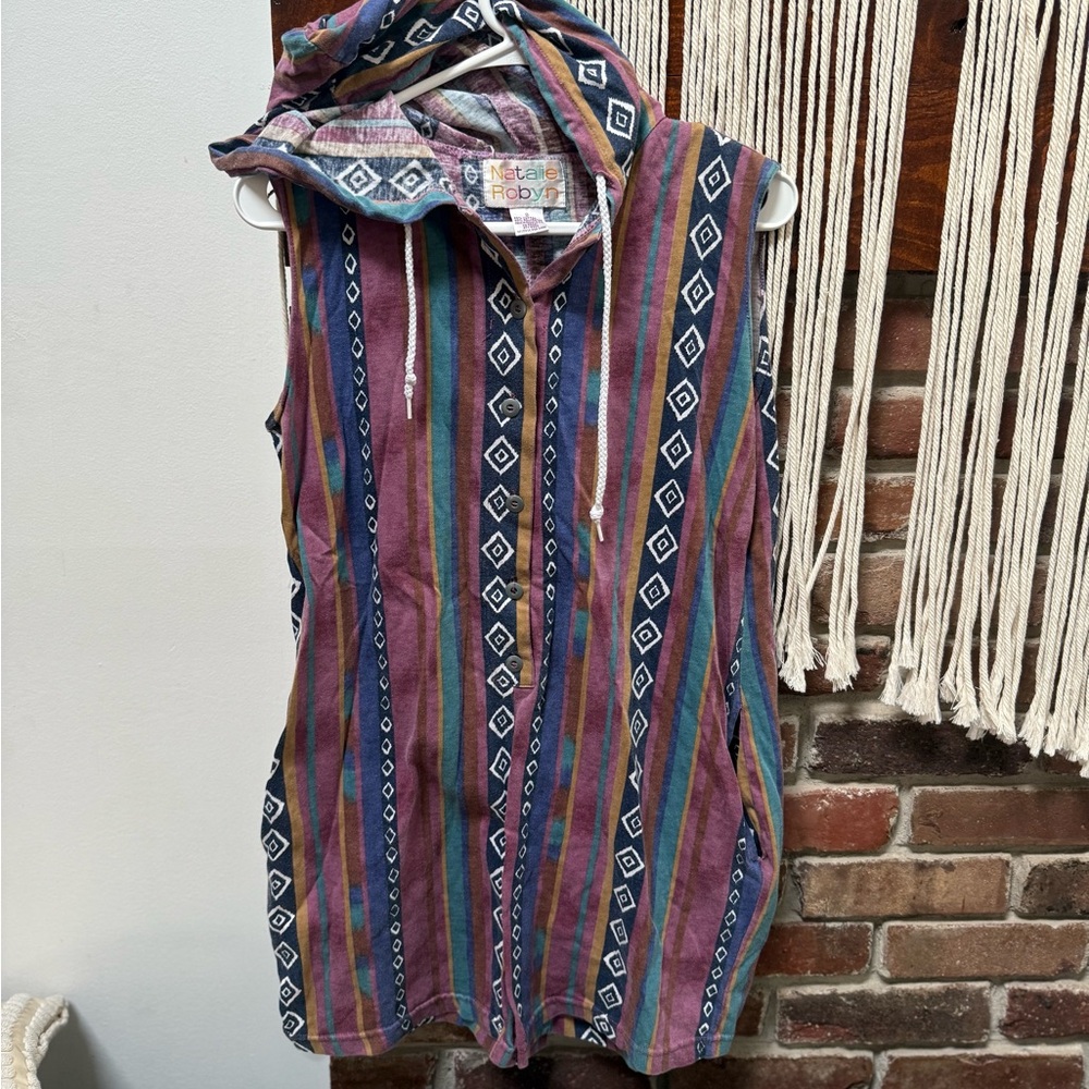 Vintage Multicolor Striped Hooded Sleeveless Romper